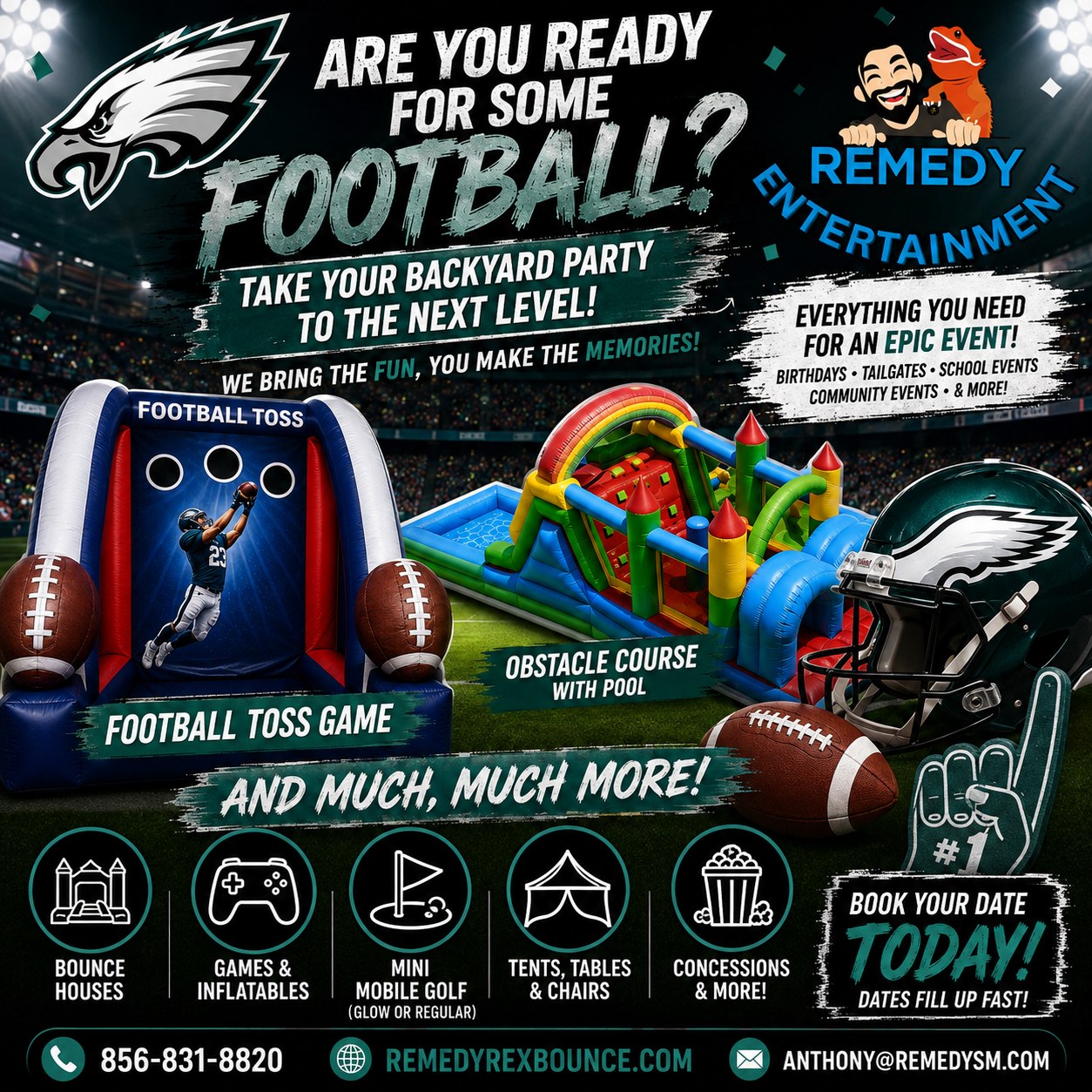Football toss game and obstacle course with pool flyer